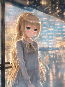 Preview wallpaper girl, blush, buildings, lights, anime