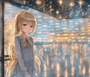 Preview wallpaper girl, blush, buildings, lights, anime