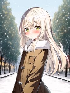 Preview wallpaper girl, blush, coat, park, anime