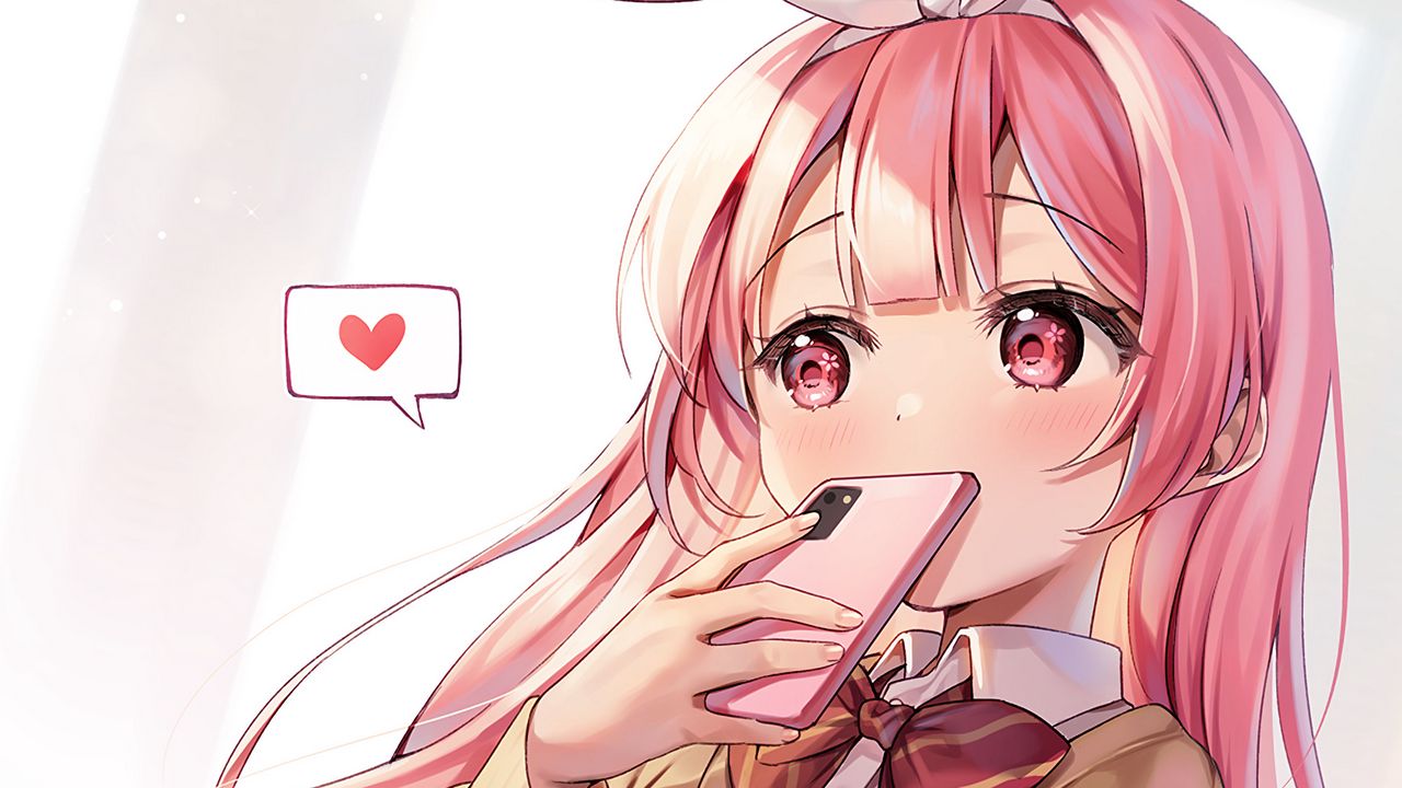 Wallpaper girl, blush, ears, phone, heart, love, anime