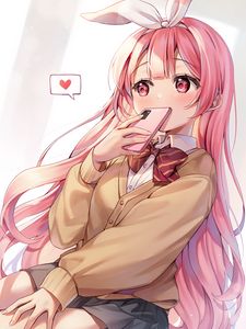 Preview wallpaper girl, blush, ears, phone, heart, love, anime