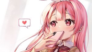 Preview wallpaper girl, blush, ears, phone, heart, love, anime