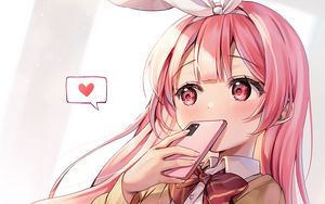 Preview wallpaper girl, blush, ears, phone, heart, love, anime