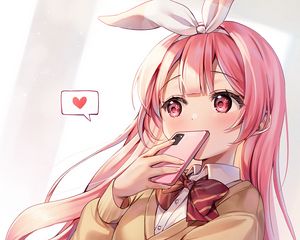 Preview wallpaper girl, blush, ears, phone, heart, love, anime