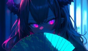 Preview wallpaper girl, blush, fan, horns, neon, art, anime