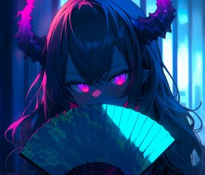 Preview wallpaper girl, blush, fan, horns, neon, art, anime