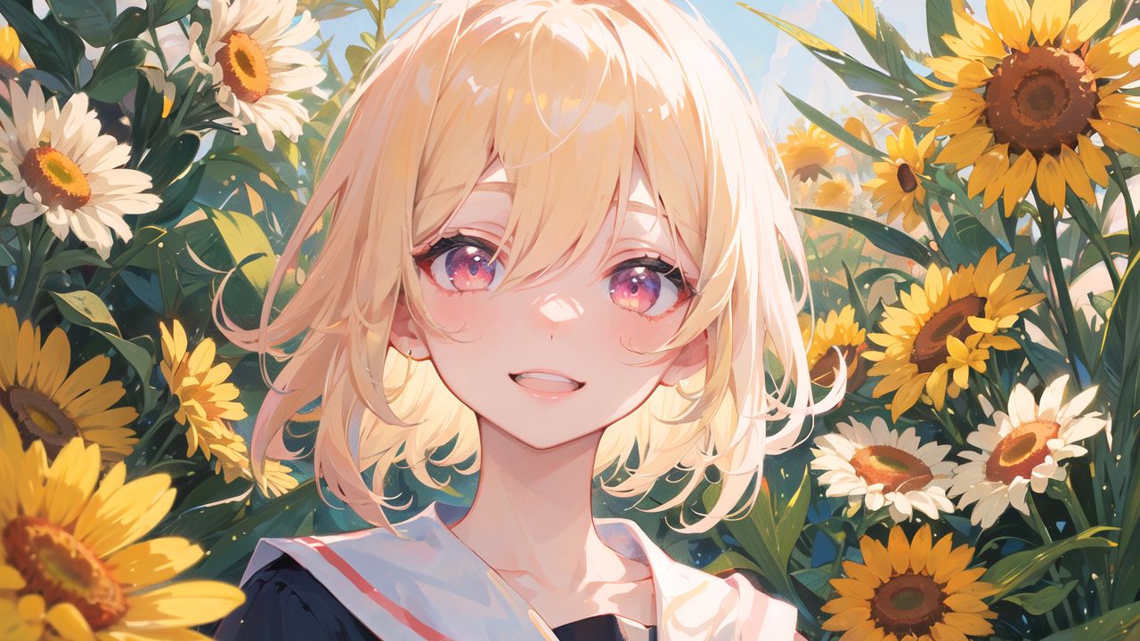 Wallpaper girl, blush, flowers, sunflowers, summer, anime