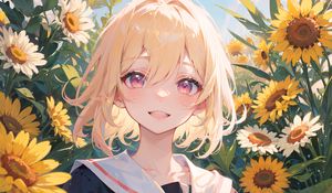 Preview wallpaper girl, blush, flowers, sunflowers, summer, anime