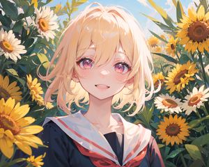 Preview wallpaper girl, blush, flowers, sunflowers, summer, anime