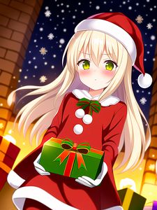 Preview wallpaper girl, blush, gift, santa claus, anime