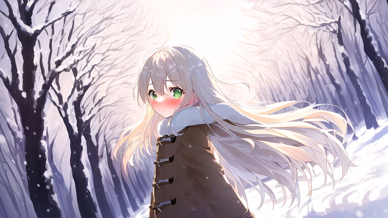 Wallpaper girl, blush, hair, coat, winter, anime