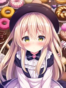 Preview wallpaper girl, blush, hat, maid, donuts, anime