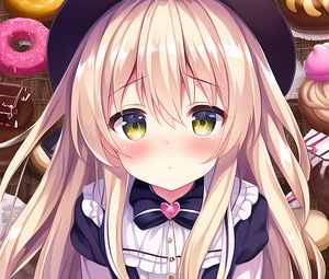 Preview wallpaper girl, blush, hat, maid, donuts, anime