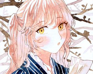 Preview wallpaper girl, blush, kimono, watercolor, anime