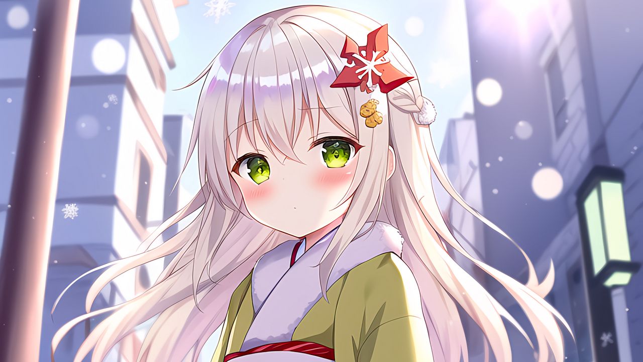 Wallpaper girl, blush, kimono, snowflakes, anime