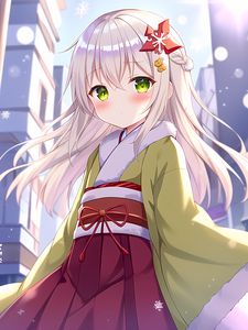 Preview wallpaper girl, blush, kimono, snowflakes, anime