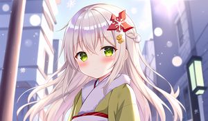 Preview wallpaper girl, blush, kimono, snowflakes, anime
