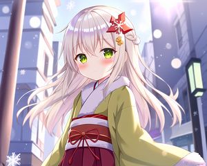 Preview wallpaper girl, blush, kimono, snowflakes, anime