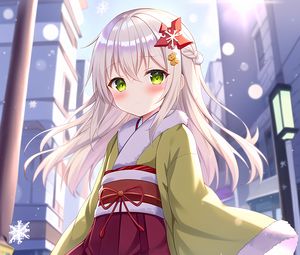Preview wallpaper girl, blush, kimono, snowflakes, anime