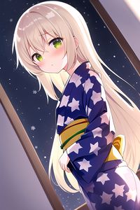 Preview wallpaper girl, blush, kimono, window, snowflakes, anime