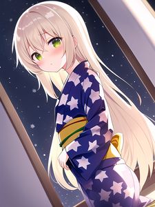 Preview wallpaper girl, blush, kimono, window, snowflakes, anime