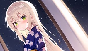 Preview wallpaper girl, blush, kimono, window, snowflakes, anime