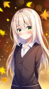 Preview wallpaper girl, blush, leaves, autumn, anime