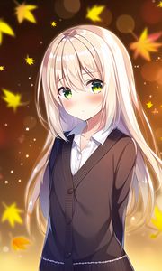 Preview wallpaper girl, blush, leaves, autumn, anime