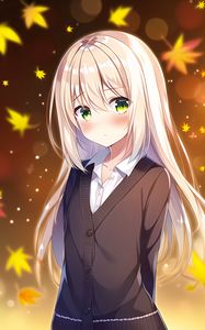 Preview wallpaper girl, blush, leaves, autumn, anime