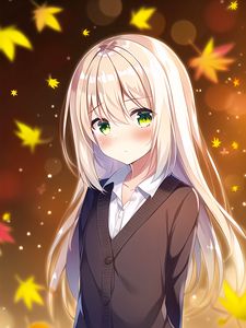 Preview wallpaper girl, blush, leaves, autumn, anime