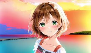 Preview wallpaper girl, blush, pier, sea, anime