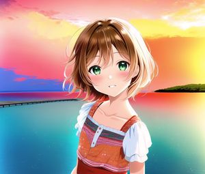 Preview wallpaper girl, blush, pier, sea, anime