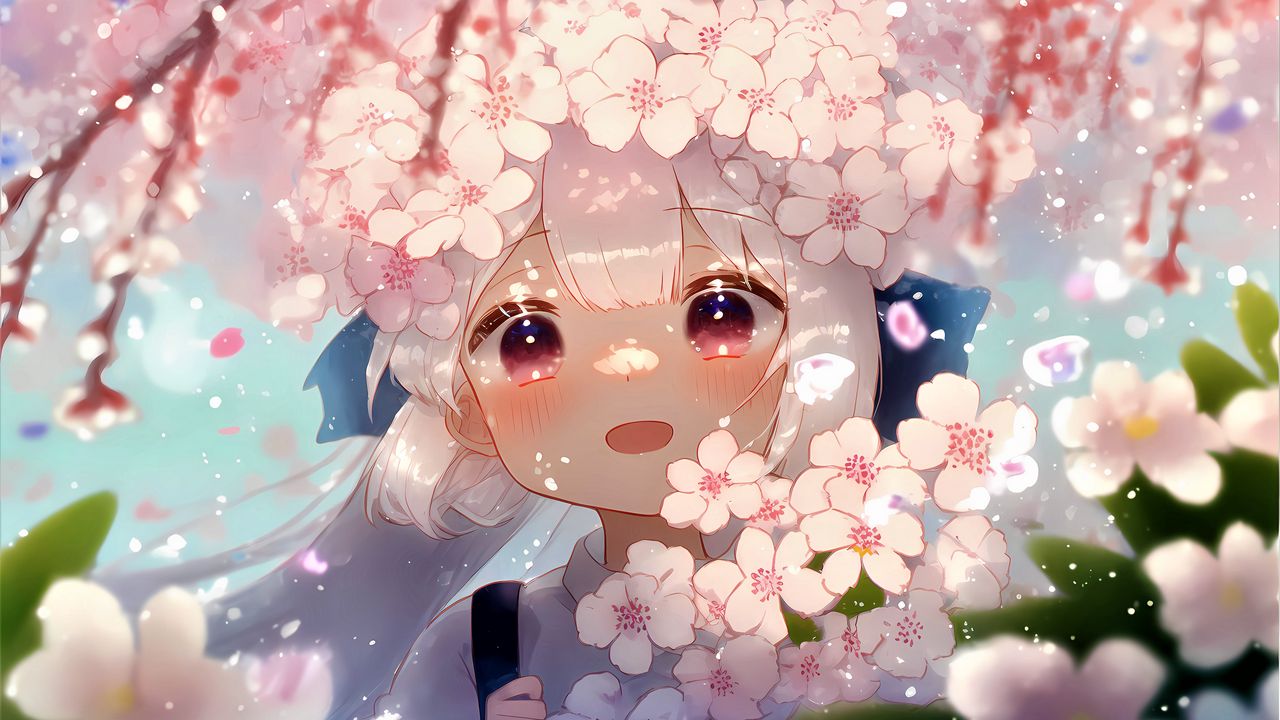 Wallpaper girl, blush, sakura, flowers, anime