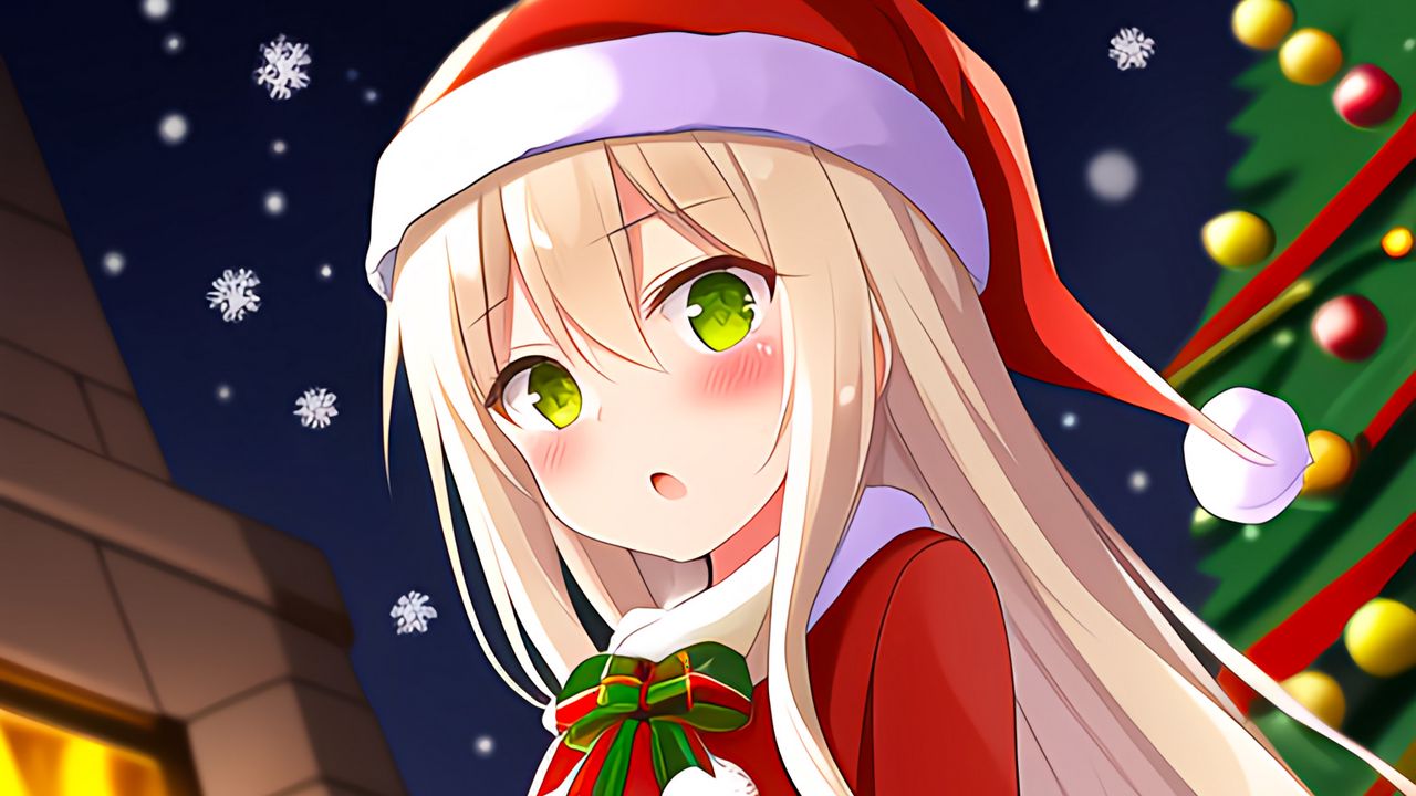 Wallpaper girl, blush, santa claus, hat, anime, new year, christmas