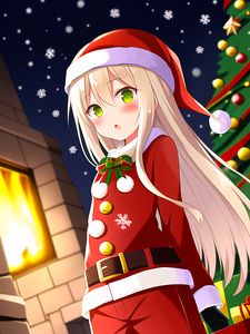 Preview wallpaper girl, blush, santa claus, hat, anime, new year, christmas