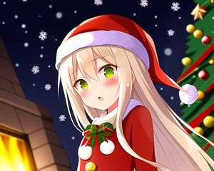 Preview wallpaper girl, blush, santa claus, hat, anime, new year, christmas