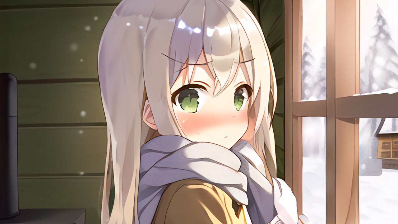 Wallpaper girl, blush, scarf, window, winter, anime