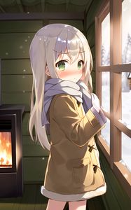 Preview wallpaper girl, blush, scarf, window, winter, anime