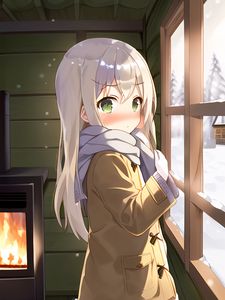 Preview wallpaper girl, blush, scarf, window, winter, anime