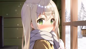 Preview wallpaper girl, blush, scarf, window, winter, anime