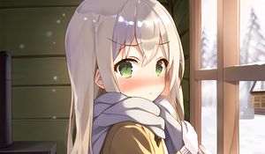 Preview wallpaper girl, blush, scarf, window, winter, anime