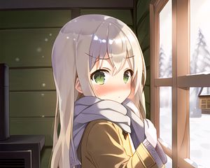 Preview wallpaper girl, blush, scarf, window, winter, anime