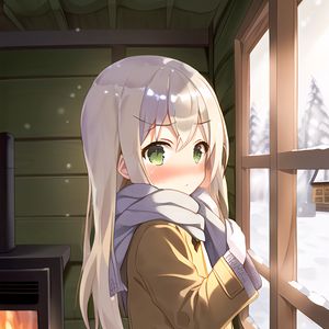 Preview wallpaper girl, blush, scarf, window, winter, anime