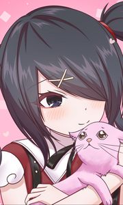 Preview wallpaper girl, blush, smile, cat, anime