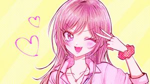 Preview wallpaper girl, blush, smile, gesture, anime, pink