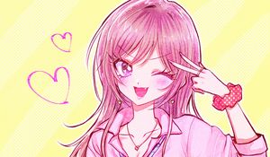 Preview wallpaper girl, blush, smile, gesture, anime, pink
