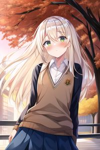 Preview wallpaper girl, blush, trees, autumn, anime