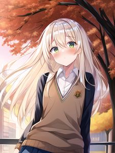 Preview wallpaper girl, blush, trees, autumn, anime