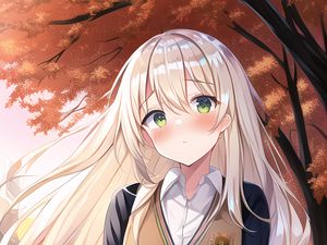 Preview wallpaper girl, blush, trees, autumn, anime