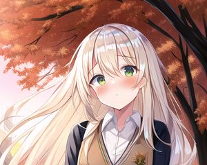 Preview wallpaper girl, blush, trees, autumn, anime